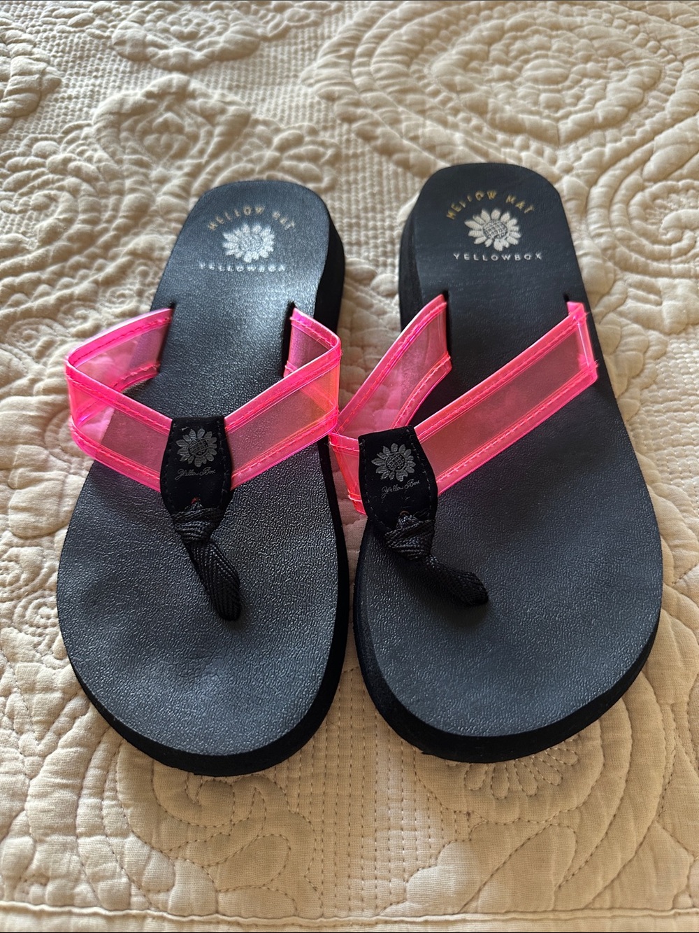 Yellow Box Women's Black Sandals with Neon Pink Straps